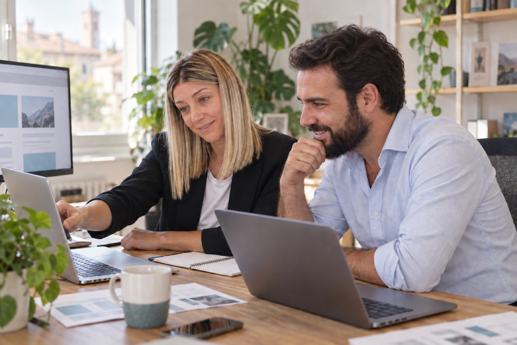 Due professionisti lavorano a un tavolo con computer e materiali di progetto