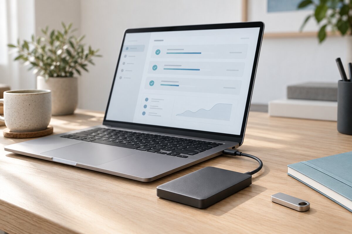Unità di backup e chiave di sicurezza accanto a un portatile