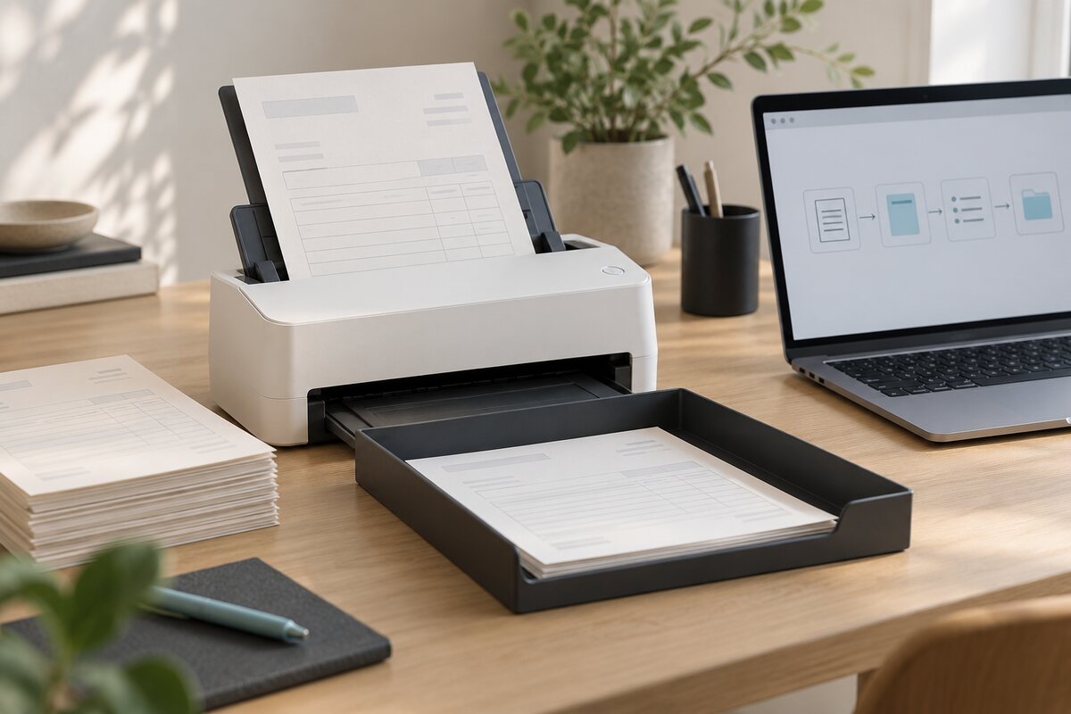 Documenti cartacei, scanner e flusso di lavoro su un portatile