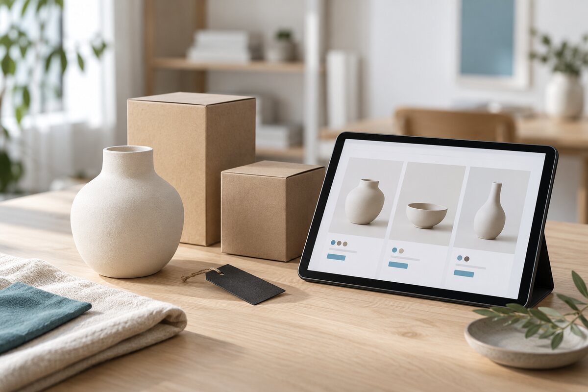 Prodotti in ceramica e confezioni accanto al relativo catalogo su tablet