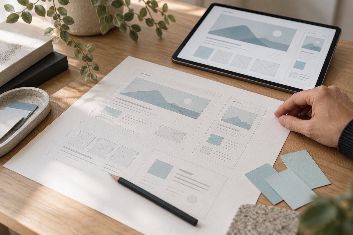 Wireframe su carta e layout su tablet, con matita e campioni colore