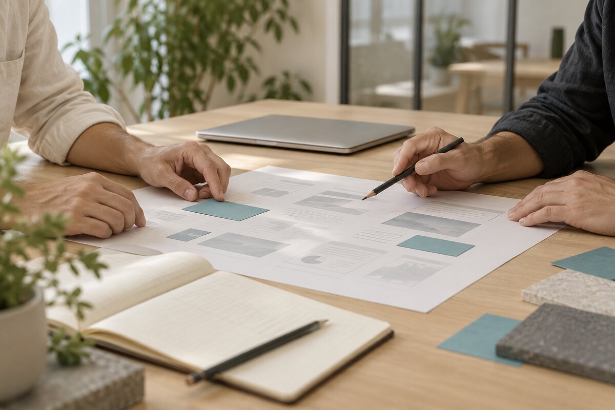 Mani al lavoro su schemi di pagina, appunti e campioni azzurri