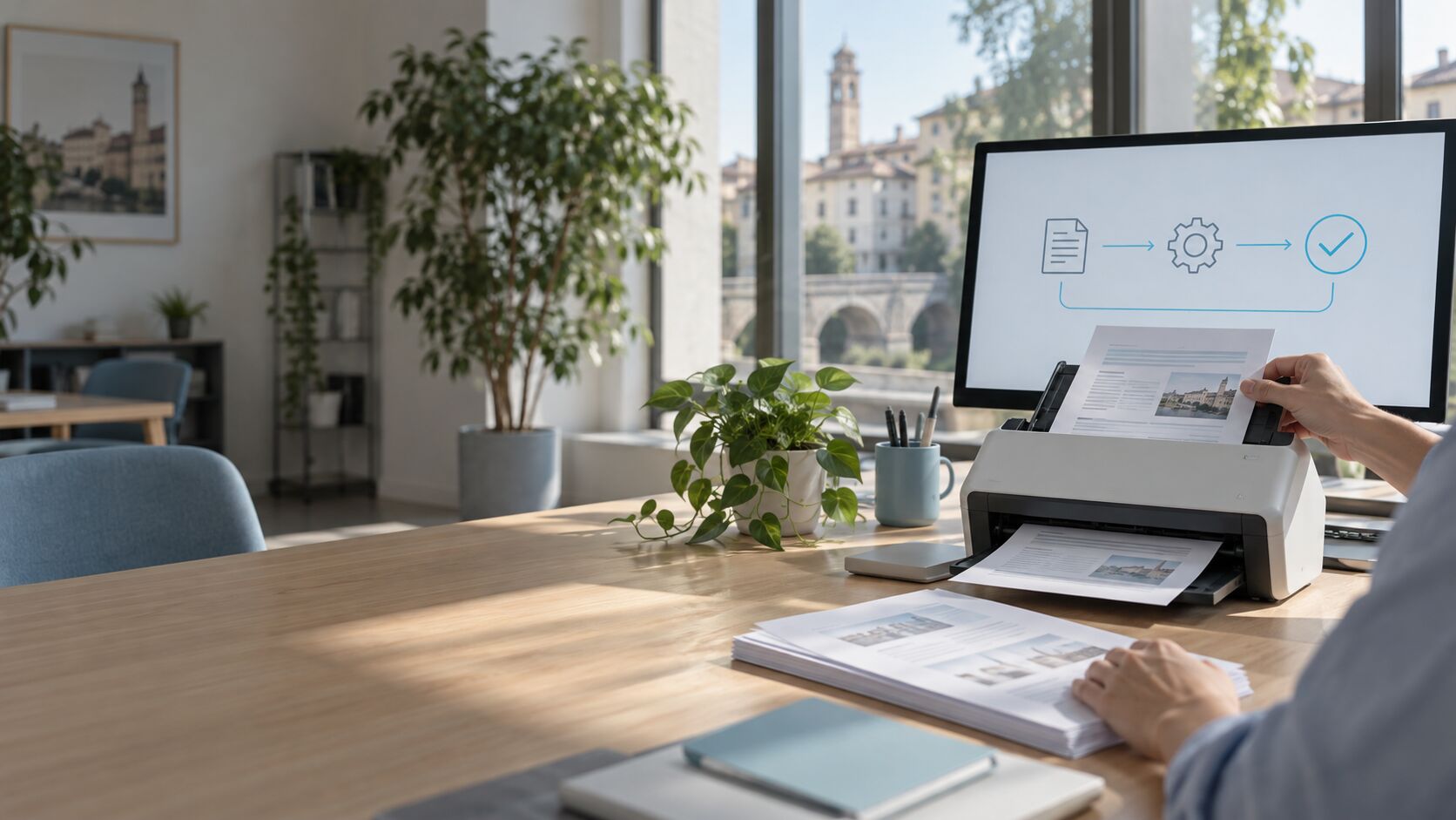 Documenti acquisiti con uno scanner accanto a un diagramma di flusso su monitor