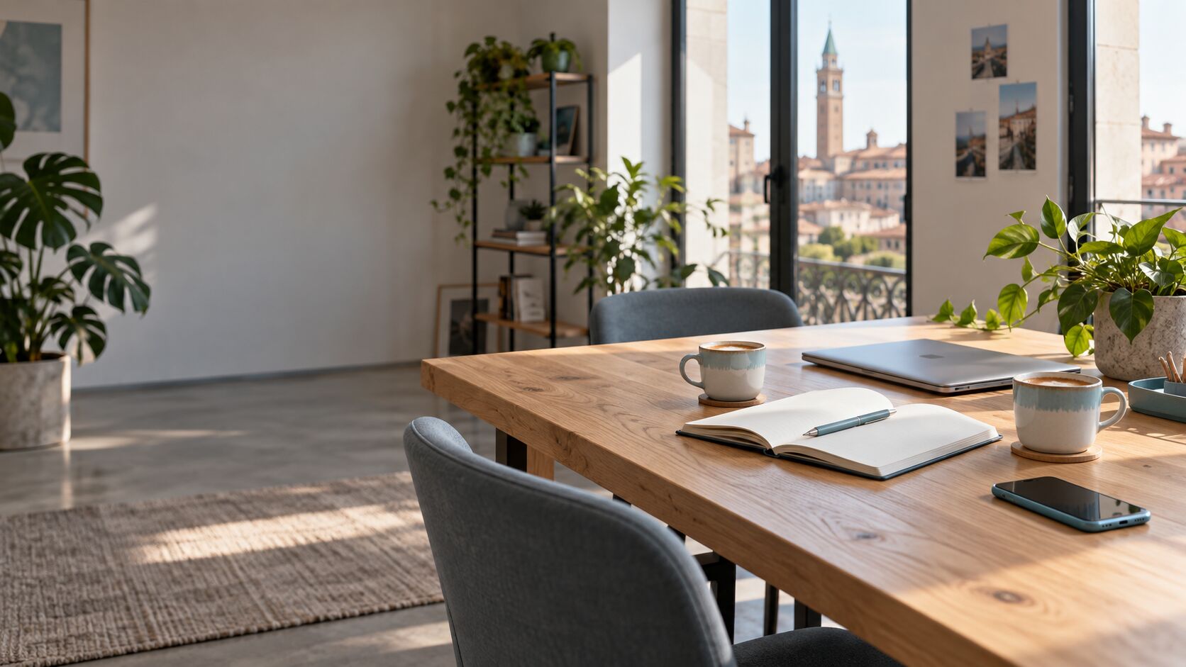 Tavolo riunioni con quaderno, tablet e tazze in uno studio luminoso