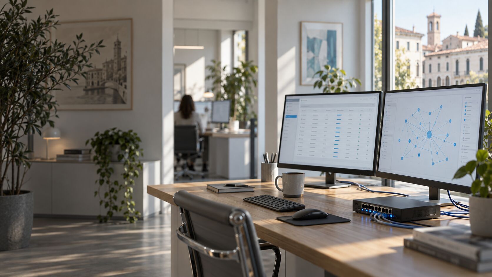 Tabella di dati e diagramma delle connessioni tra sistemi su due monitor