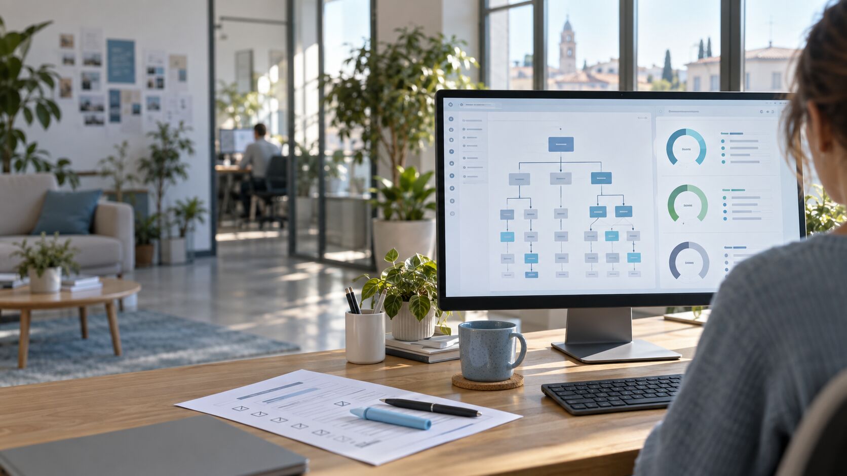 Mappa delle pagine e indicatori tecnici visualizzati su un monitor