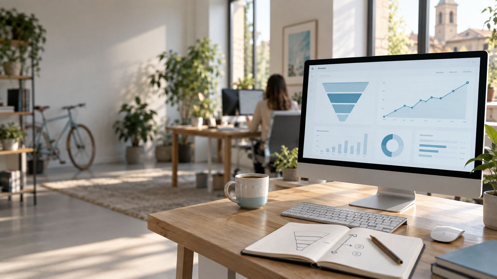 Grafici di andamento e funnel di conversione su un monitor