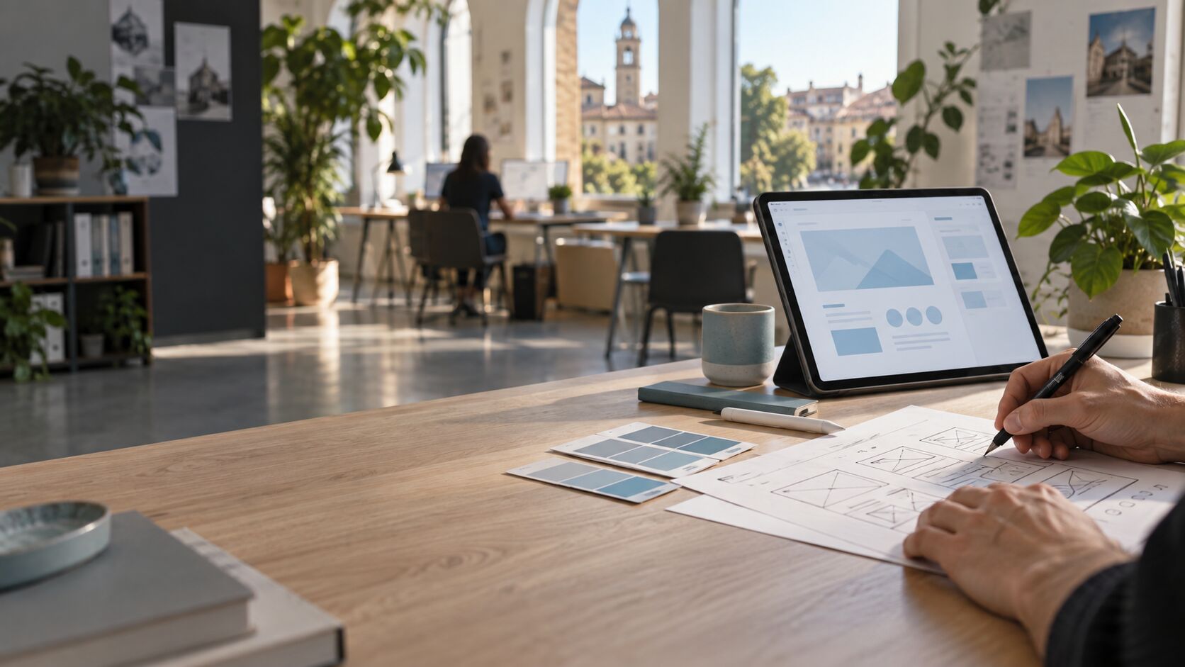 Wireframe su carta accanto a un tablet con il layout di una pagina web
