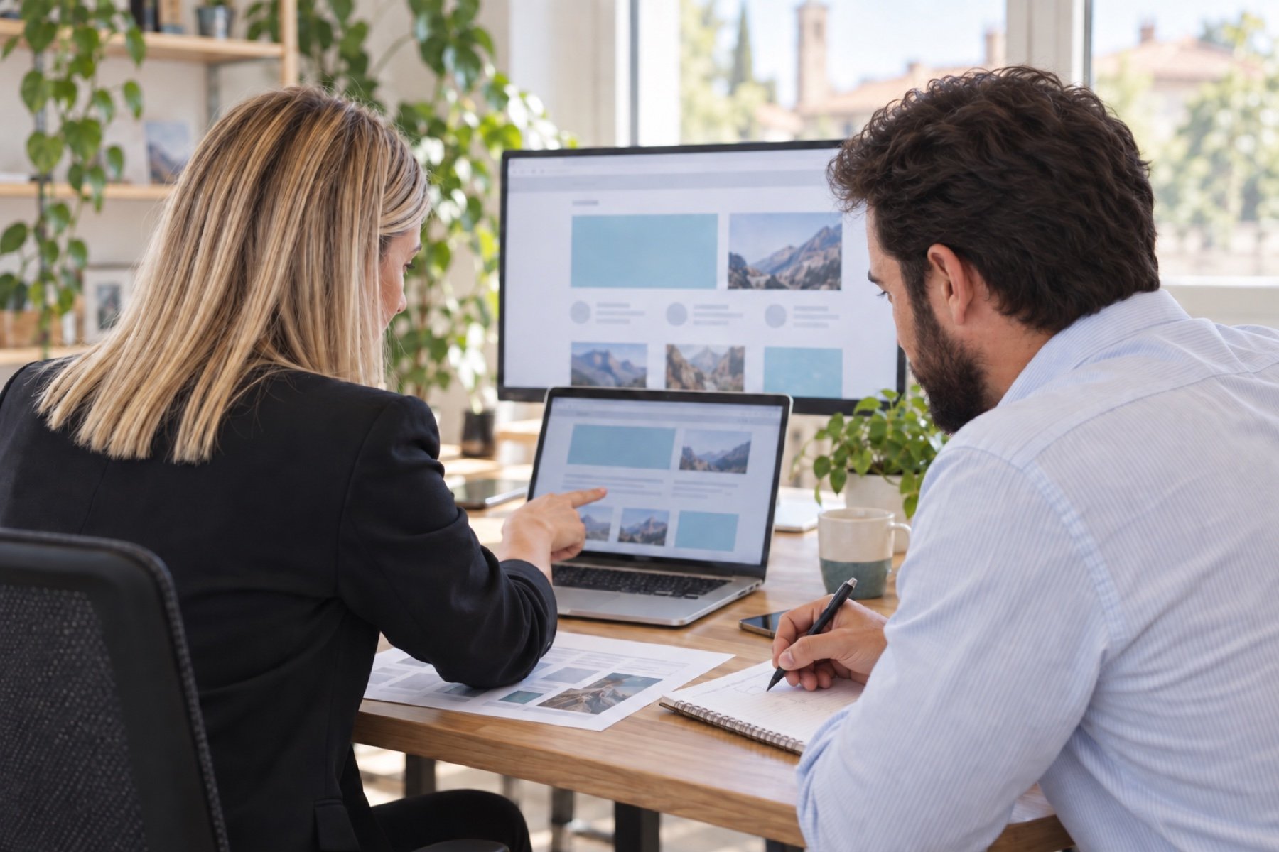 Due professionisti confrontano un progetto web su tablet e monitor