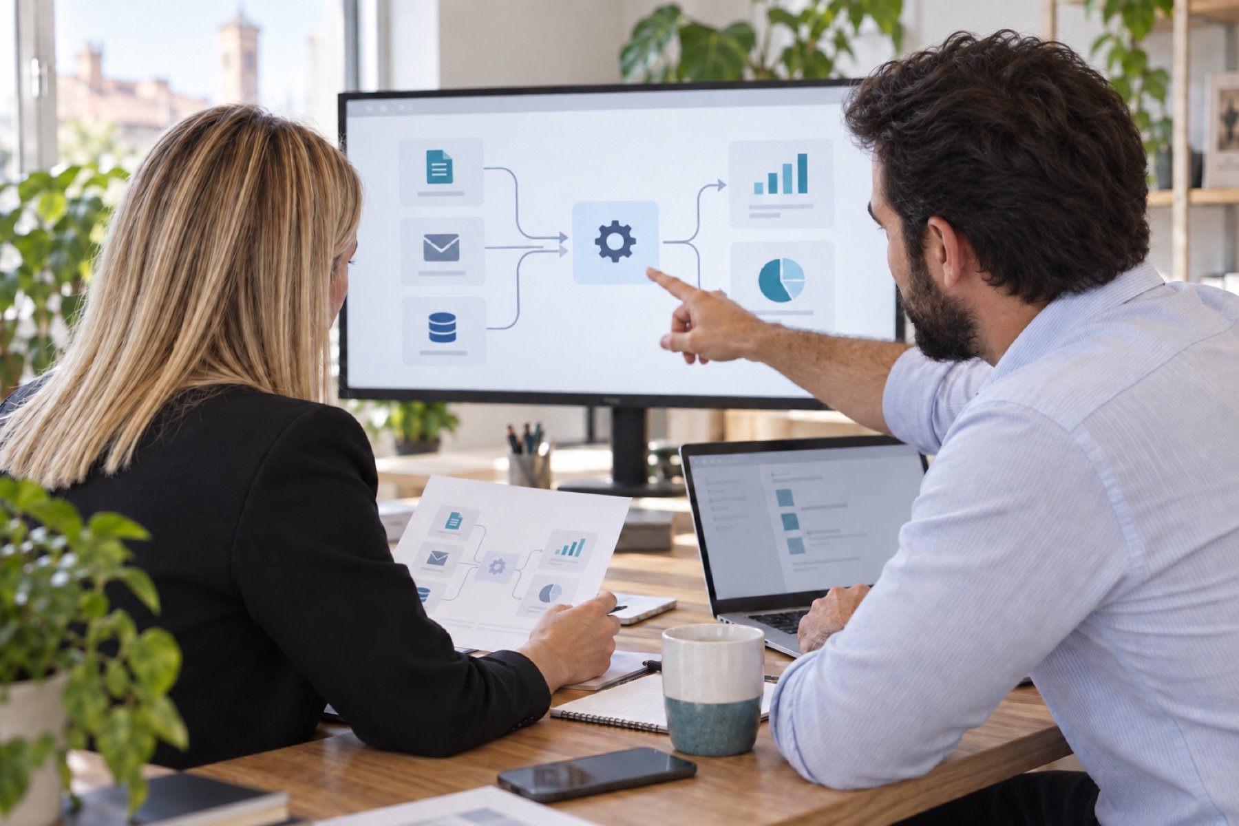 Due professionisti esaminano uno schema di flusso su un monitor