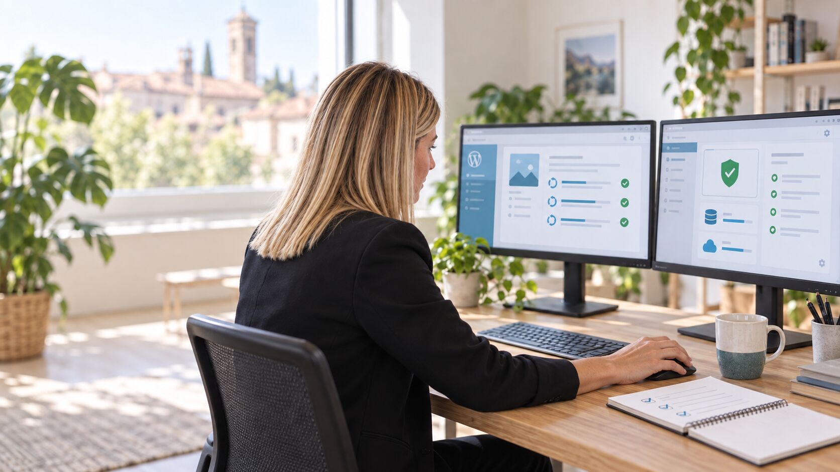 Una professionista controlla lo stato di un sito su due monitor
