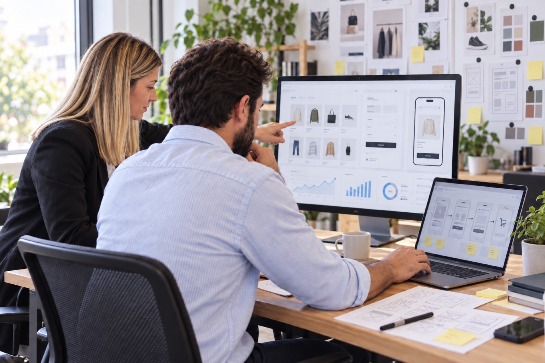 Catalogo e schede prodotto aperti su monitor e portatile durante una revisione