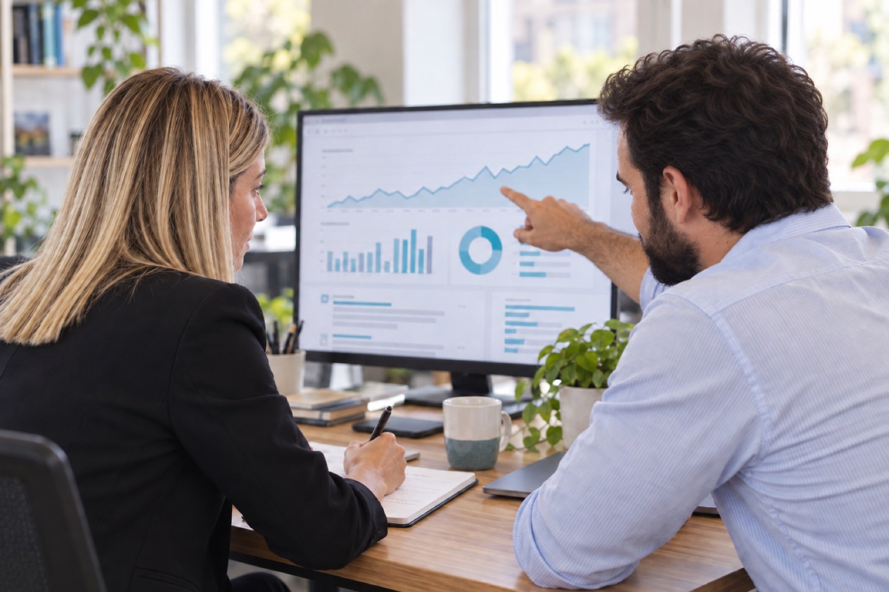 Due professionisti esaminano grafici di traffico e andamento di un sito