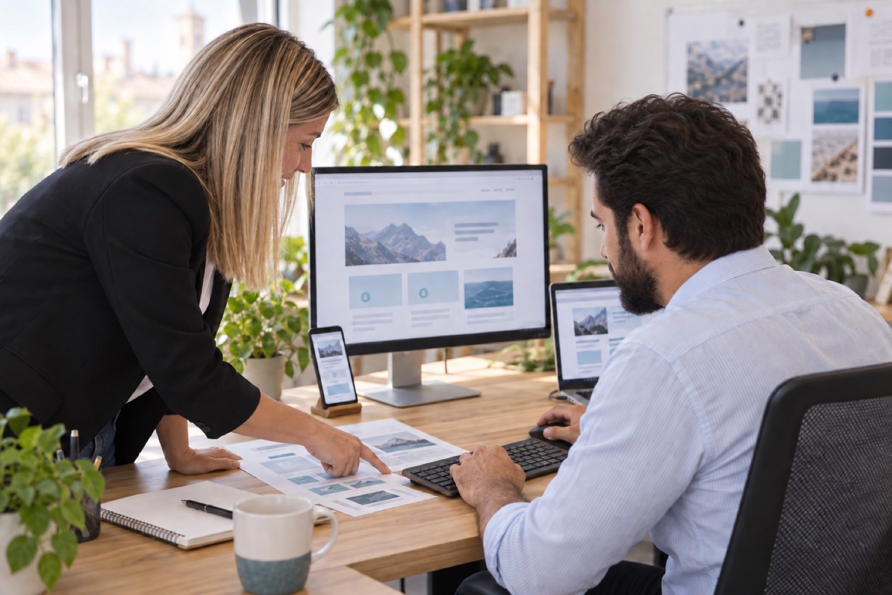 Due professionisti esaminano layout di pagine web su monitor e tablet